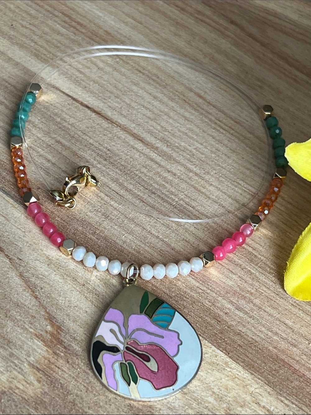 Beaded Floral Pendant Necklace in Pink, Green & White